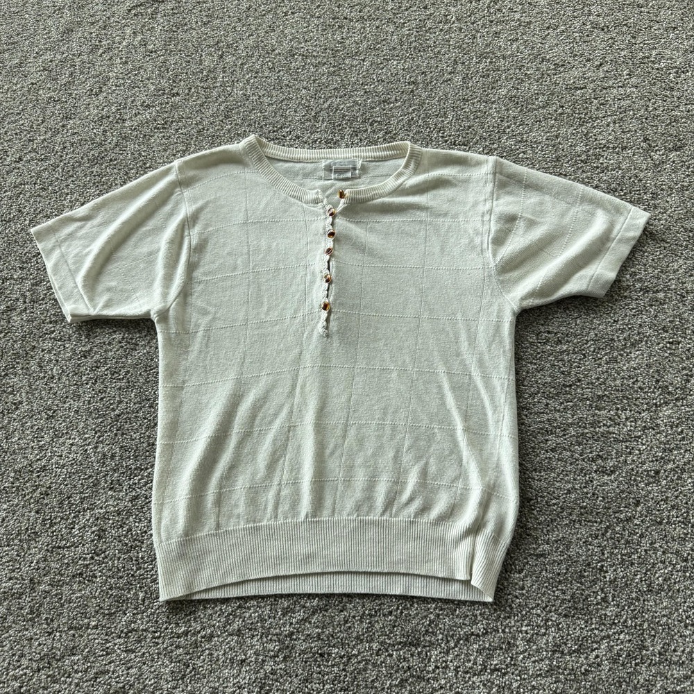 Leslie Fay Sweater Womens Small White Check Crew Neck Henley Knit Short Sleeve